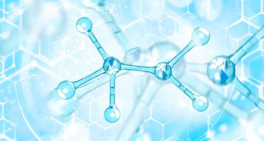 Mavi atom modeli, moleküllerin soyut arkaplan 33d Illulation 'ı. Mavi yapılar. Açık mavi şeffaf kabarcıklar. Kolajen dairesel. Yüksek kalite fotoğraf