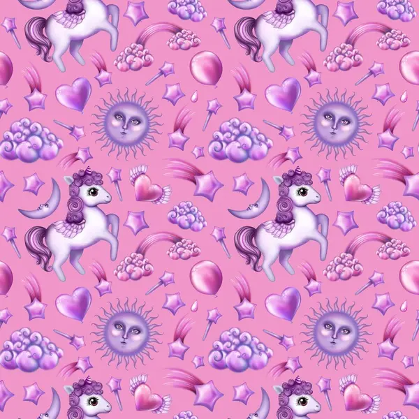 Magical and Elegant Unicorn Seamless Pattern on pink. Repeating pattern can be used for packaging, backgrounds, or fabric designs. Cute cartoon doodle drawing Unicorn. Sun, cloud,heart,balloon,wings