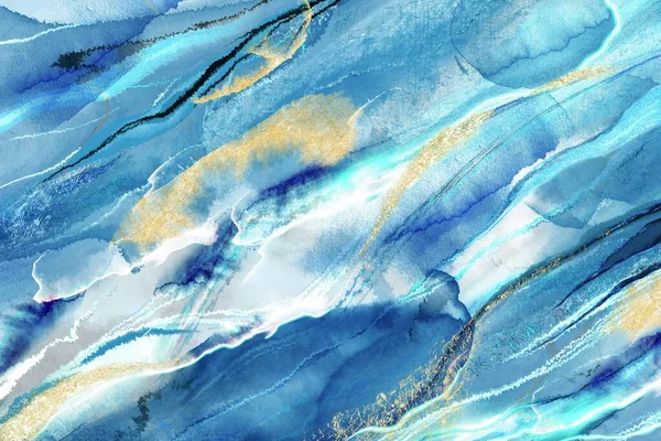 Luxury abstract fluid art painting in alcohol ink and watercolor technique, mixture of grey, blue and gold paints.Great wallpaper for bedroom, kids room and other space. High quality photo