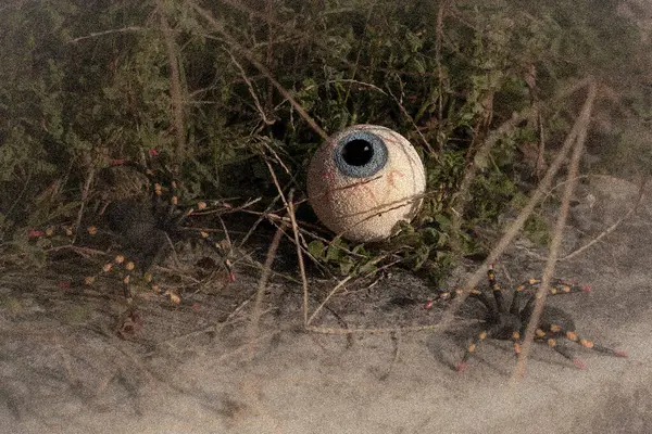 Ürkütücü Cadılar Bayramı Sahnesi Sahte Bir Göz Çimenlerin Arasına Gizlenmiş — Stok fotoğraf