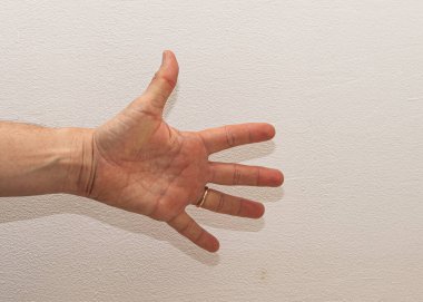 Hand showing number five, all fingers extended on a white background clipart