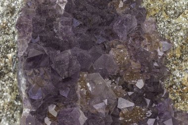 Ham bir matris üzerinde sayısız iyi şekillendirilmiş mor kristaller barındıran canlı ametist druse doğal ışık koşulları altında dokulu bir taş zemin üzerinde güzel bir şekilde ele geçirildi.