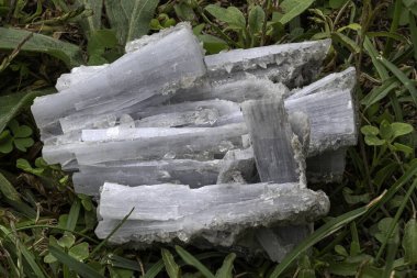 Doğal çimen arka planına yerleştirilmiş uzun, lifli mavi-gri kristaller içeren ham siyanit mineralin makro fotoğrafı. Jeoloji, bilim eğitimi, mineral koleksiyonları veya doğa temalı görsel içerik için ideal