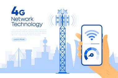 4G Ağ Teknolojisi düz tasarımda. Kablosuz mobil iletişim hizmetleri kavramı. Vektör illüstrasyonu