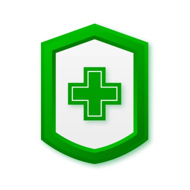 Yeşil haçlı yeşil koruma kalkanı. Tıbbi güvenlik, sigorta ya da yardım. Vektör illüstrasyonu