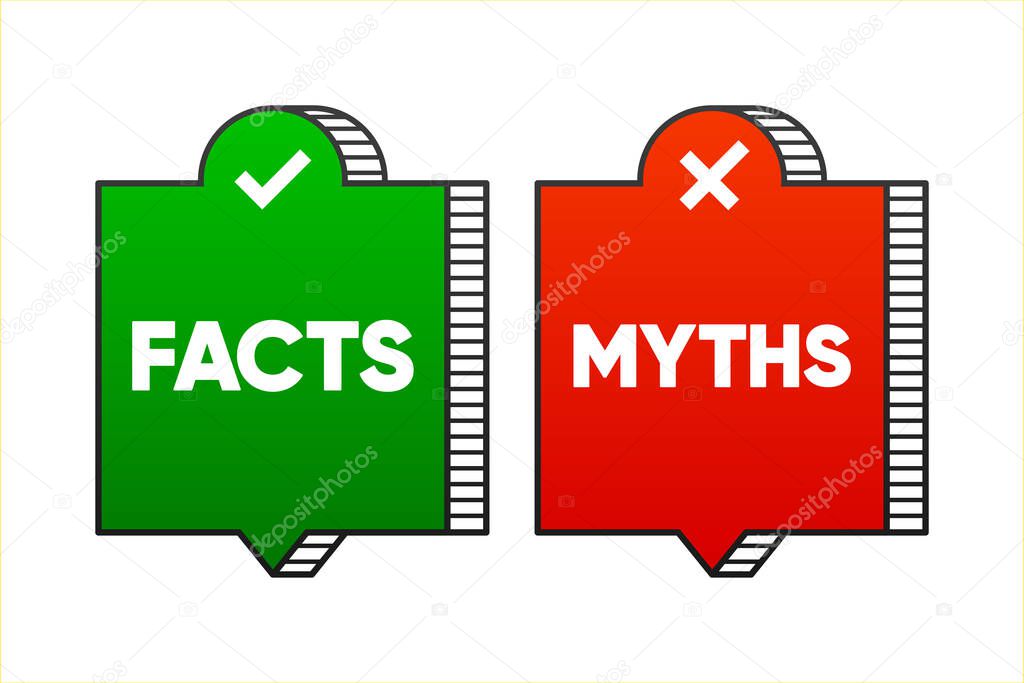 Thin linear geometry speech banner with facts and myths. Concept of thorough fact checking or easy compare evidence. Vector illustration
