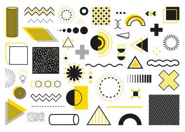 Bir dizi geometrik şekil. Memphis tasarımı, web, vintage, reklam, ticari afiş, poster, reklam panosu için retro elementler. Toplama modu yarım ton vektör geometrik şekiller. Vektör illüstrasyonu