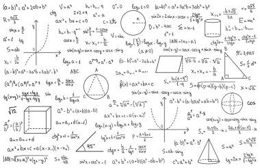 Matematik teorisi ve matematik formülü. Beyaz arka planda el yazısıyla yazılmış semboller. Okul eğitimi ve evrak işlerinde kullanılan el çizimi formüller. Vektör illüstrasyonu