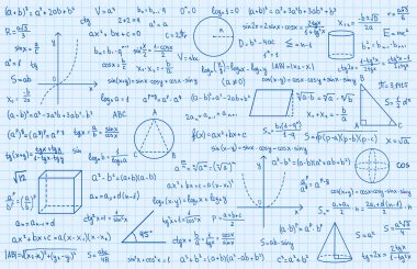 Matematik teorisi ve matematik formülü. Mavi arka planda, okul eğitimi ve evrak işleri için el yazısıyla çizilmiş formüllerle izole edilmiş semboller. Vektör illüstrasyonu