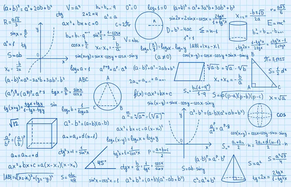 Mathematics Theory Mathematical Formula Handwritten Symbols Isolated Blue Background Hand — Stock Vector