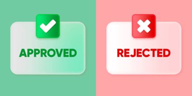 Approved or Rejected banner. Green check mark and cross mark symbols icon element in square in 3D design. Checkmark symbol accepted and rejected. Vector illustration