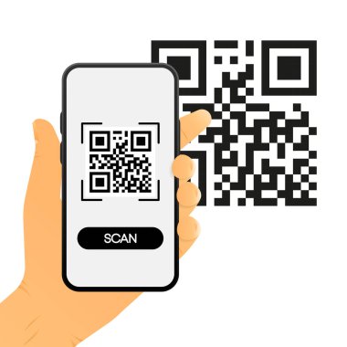 Scan QR code on mobile phone. Electronic, digital technology, barcode. Qr code for payment. Mobile phone scanning QR-code. Verification concept. Vector illustration