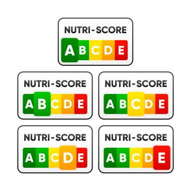 Nutri Score sticker. Nutri Score system sign. Health care symbol logo for packaging. 5-Colour Nutrition Label. Vector illustration