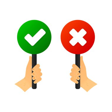 A hand holds a signboard with a green tick and a red cross. Right and wrong for feedback. Not a decisive poll. Voting concept. Vector illustration