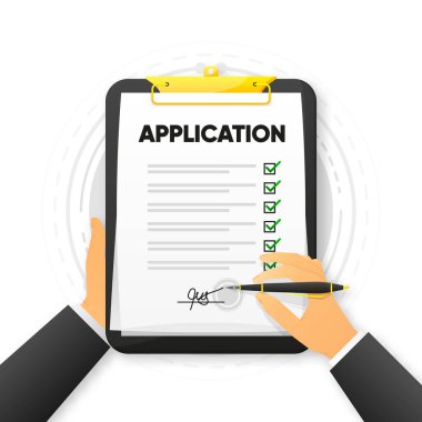 Application form and pen. Claim form, paperwork concept. The hand signs the document. Vector illustration