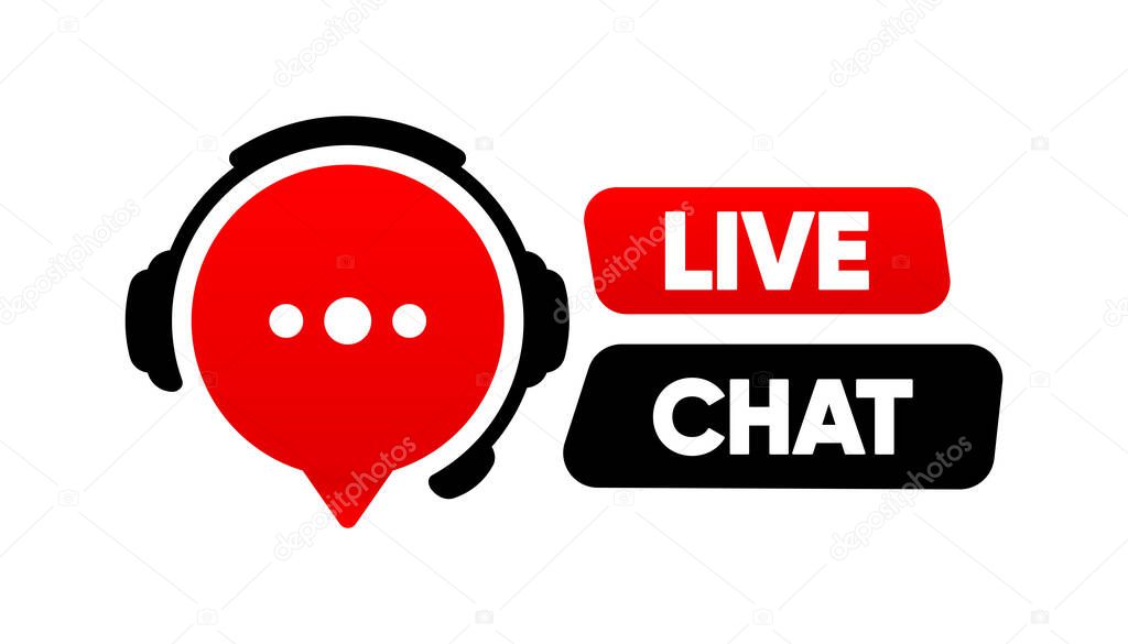 Support service. Consultation, telemarketing, consultant, secretary Live Chat label on white background. Flat banner. Vector illustration