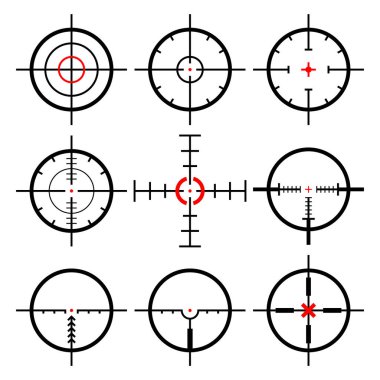 Collection of Goals and Destinations. Aim and purpose, targeting and aiming. Futuristic optical aim. Collimator sight, gun targets focus range indication. Vector illustration clipart