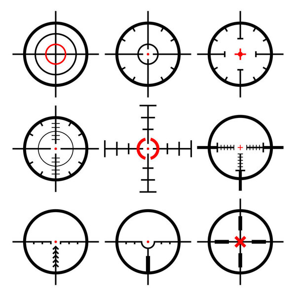 Collection of Goals and Destinations. Aim and purpose, targeting and aiming. Futuristic optical aim. Collimator sight, gun targets focus range indication. Vector illustration