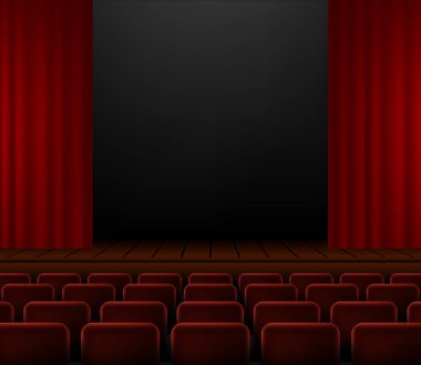 Kırmızı perdeleri ve ortasında spot ışıkları olan Karanlık Gerçekçi Tiyatro sahnesi. Pankart şablonu. Tiyatronun içi boş ahşap sahne, lüks kadife perdeler ve ışık huzmesi. Vektör illüstrasyonu
