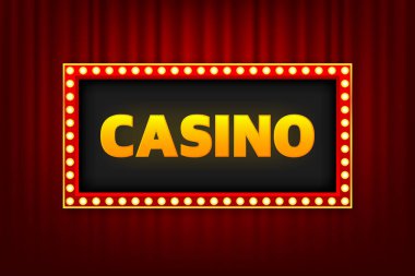 Retro Lambası 'ndaki kumarhanede ampuller ipeksi bir lüks perde sahnesinde. Klasik tiyatro tabelası modeli. Kırmızı reklam afişi. Vektör illüstrasyonu