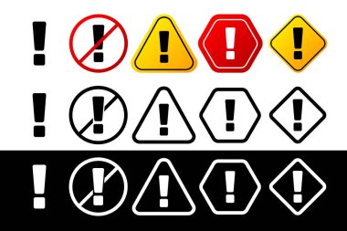 Collection of Alert signs in different color and design. Danger sign, warning sign, attention sign. Attention icon warning of danger. Vector illustration