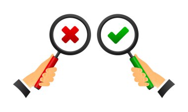 Magnifying glass with check marks. Green and red sign with a tick and cross. Yes and No sign. Vector illustration