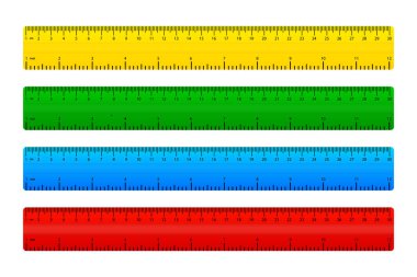 İnç ve metrik plastik cetveller farklı renklerde. Santimetre ve inç ölçeği. Santimetre boyunda plastik alet. Vektör illüstrasyonu