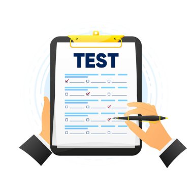 Öğrenci sınav sorularının cevaplarını doldurur. Okul ve üniversite sınavı. Eğitim konsepti. Cevaplı test kağıdı. Vektör illüstrasyonu