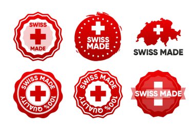 Large set of Made in Switzerland labels. Swiss made badges collection. Switzerlands stamp templates. Vector illustration clipart