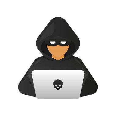 Bilgisayar korsanı, kişisel bilgilerini çalan bir Siber suçlu. Hacker saldırısı ve ağ güvenliği. İnternet dolandırıcılığı. Siber güvenlik kavramı. Vektör illüstrasyonu