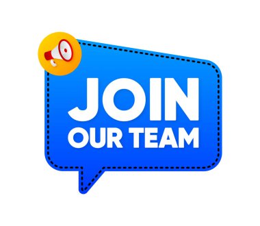 Takımımıza katıl. Biz kiralıyoruz. Boş yer var. Ekibimize adam alıyoruz. Bilgilendirme pankartıyla duyuru. Vektör illüstrasyonu