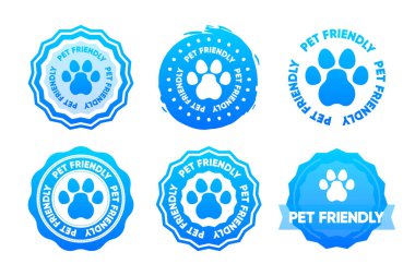 Evcil hayvan dostu. Koleksiyon pulları evcil hayvan pençesi ya da köpek. Evcil hayvan pençesi ikonu. Veteriner kliniği, mağaza etiketi, çıkartma, logo. Vektör illüstrasyonu