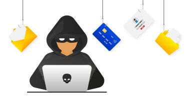 Bilgisayar korsanı, kişisel bilgilerini çalan bir Siber suçlu. Hacker saldırısı ve ağ güvenliği. İnternet dolandırıcılığı. Siber güvenlik kavramı. Vektör illüstrasyonu