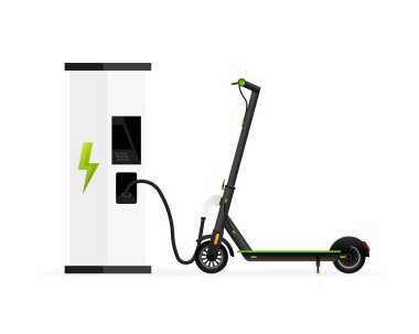 Elektrikli scooter. Mobiletler için halka açık şarj istasyonu. Sürdürülebilir taşıma. Modern yaşam tarzı. Şehir yaşam tarzı için çevre taşımacılığı. Vektör illüstrasyonu