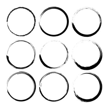 Fırça çemberi koleksiyonu. El çizimi daireler. Kuru boya için fırça darbesi. Kirli sanatsal vektör tasarım elementleri. Şablon için kirli fırça çemberi. Vektör illüstrasyonu