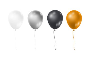 Gerçekçi tarzda balonlar. Doğum günü ve parti için balonlar. İple uçan balon. Beyaz arka planda izole edilmiş farklı renklerde balon. Kutlama ve karnaval için ikon. Vektör illüstrasyonu