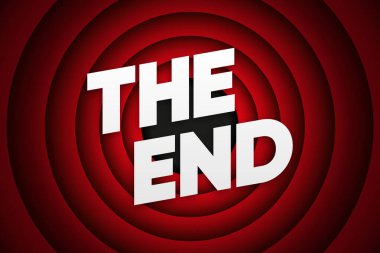 Kırmızı arkaplanda Bitiş başlığı. Sinema ya da Gösterinin Sonu. Kırmızı perdelerle ilgili mesaj. Retro konsept. Vektör illüstrasyonu