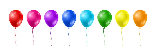 現実的なスタイルの風船 誕生日とパーティーのための風船 ロープで風船を飛んでいる 白い背景に隔離された異なる色の気球 お祝いとカーニバルのアイコン ベクターイラスト — ストックベクタ