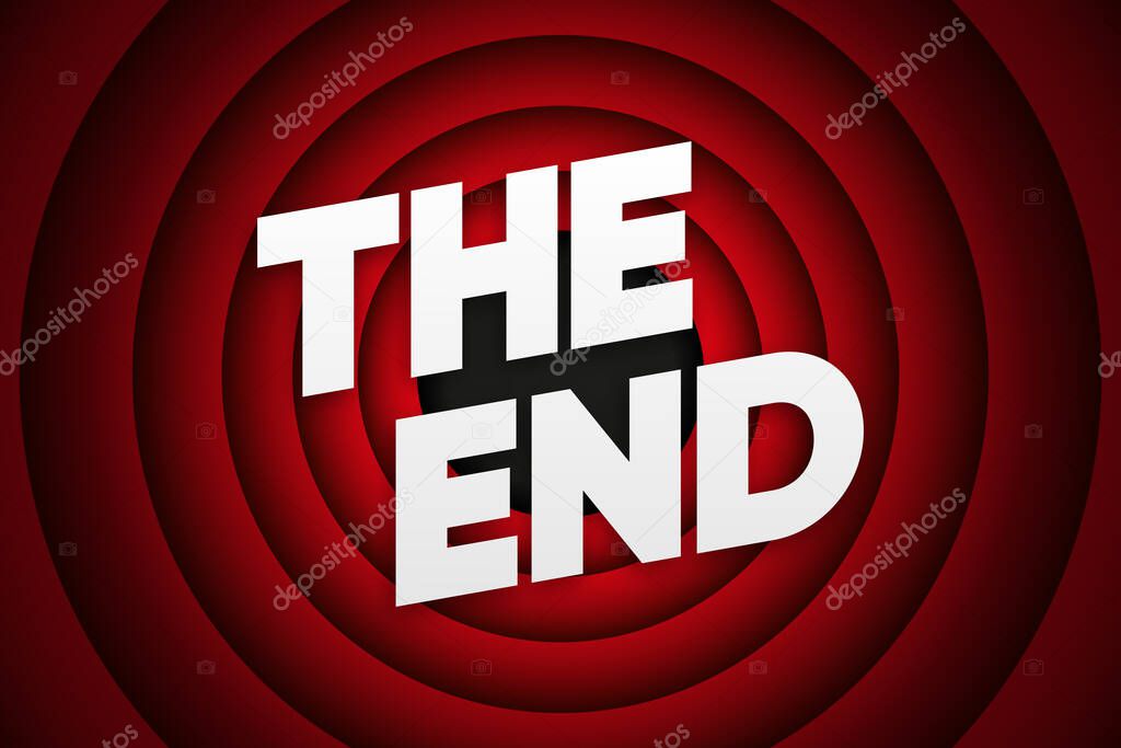 The End title on red background. The End of Cinema or Show. Text on red curtains. Retro concept. Vector illustration