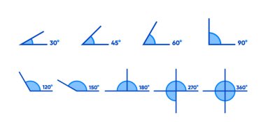 Collection Mathematics Angles. 30, 45, 60, 90, 120, 150, 180, 270 and 360 degree icon set. Different angles degrees icon set. Vector illustration clipart