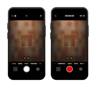 Akıllı telefon ekranında kamera arayüzü. Fotoğraf, cep telefonundaki video. Kayıt için başvuru. Fotoğraf ve video çekimi. Viewfinder, odaklan ve düğme kaydı. Vektör illüstrasyonu