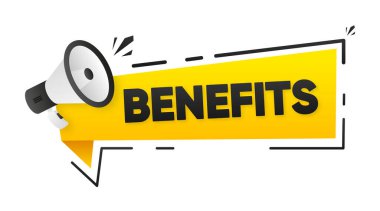 Banner with Benefits. Konuşmacı. İş, pazarlama ve reklam afişi. İşçi hakları etiketi. Vektör illüstrasyonu