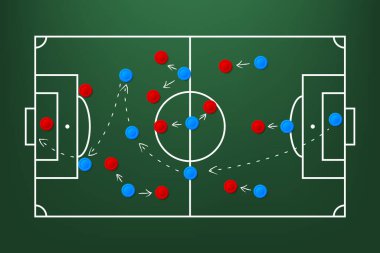 Futbol sahası. Futbol strateji sahası, tahtada futbol taktiği çizimi. El çizimi futbol oyunu şeması. Vektör illüstrasyonu