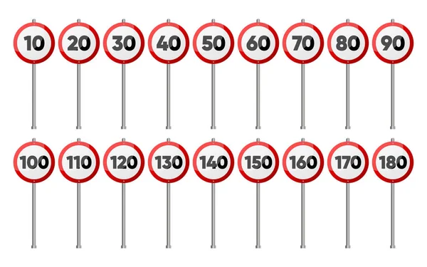Yol Işaretleri Koleksiyonu Kırmızı Yuvarlak Işaretler Hız Limitini Gösteriyor Trafik — Stok Vektör