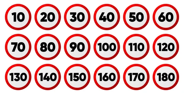 Yol Işaretleri Koleksiyonu Kırmızı Yuvarlak Işaretler Hız Limitini Gösteriyor Trafik — Stok Vektör