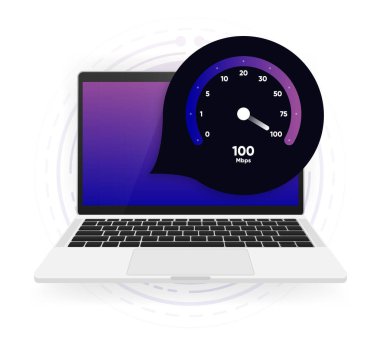 İnternet indirme ve yükleme hızı test ölçer. İnternet hız test yazılımı ve ağ performans bilgileri. İnternet bağlantısı hız testi. Yazılım için modern tasarım. Vektör illüstrasyonu