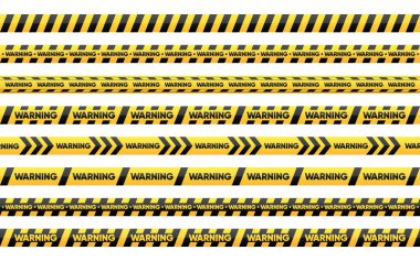 Siyah ve sarı çizgiler. Kusursuz tehlike uyarı bantları. Tehlike, polis ve ihtiyat için soyut uyarı çizgileri. Suç mahallerinin çizgi çizimi. Vektör İllüstrasyonu