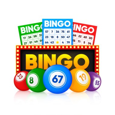 Piyango biletleri ve top numaraları. İçinde numaralar olan piyango tombala kartları, Keno kumarı. Şanslı numaraları olan renkli bahis kağıtları. Kumar endüstrisi ve kumarhane reklamı. Vektör İllüstrasyonu