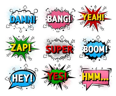 Comic Boom Baloncukları. Çizgi film patlamaları komik konuşma bulutları, çizgi romanlar, düşünen balonlar. Çizgi roman duygusal kabarcıklar konsepti. Konuşma grafiksel metin ögeleri. Vektör İllüstrasyonu