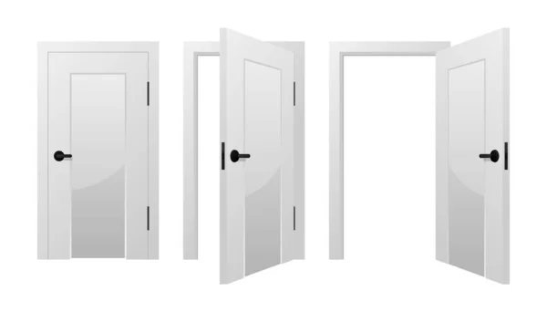 Otevřené Zavřené Bílé Realistické Dveře Vchod Realistické Dveře Izolované Bílém — Stockový vektor